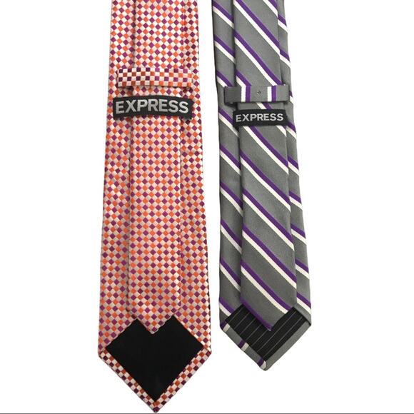 2 Express Silk Ties Orange & Purple Diamond Check and Grey Purple & White Stripe - Picture 2 of 6